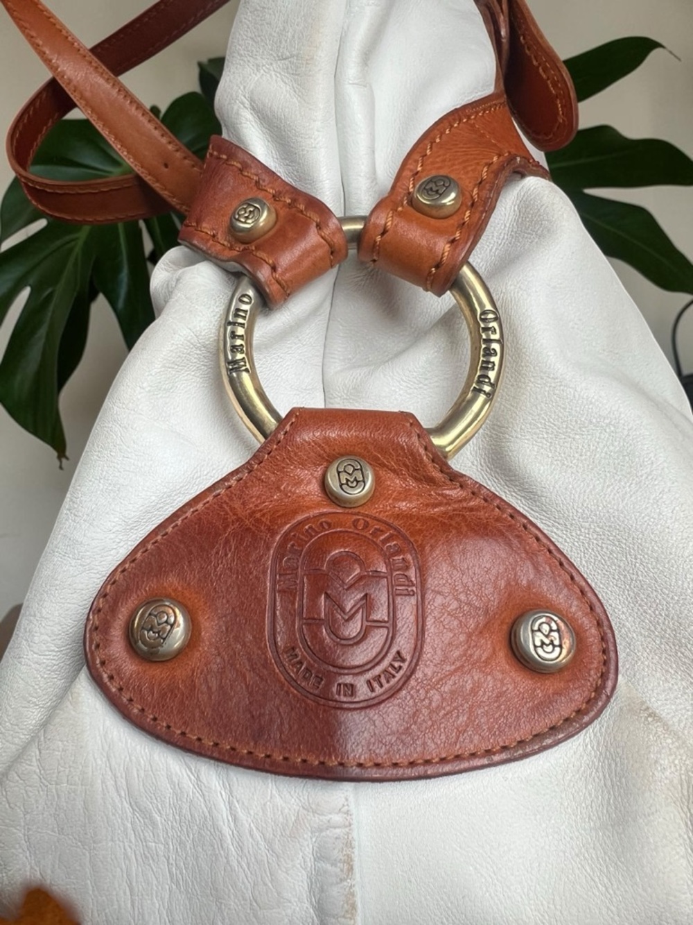 Marino Orlandi White Italian Leather Shoulder Bag Large Tan Trim - Picture 3 of 14
